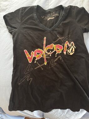 Volcom Black V-Neck Tee with Pink and Yellow Logo